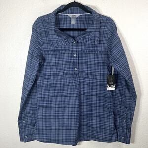 NWT Mountain Hardwear Acadia Stretch Plaid Popover Shirt Woman's size Small blue